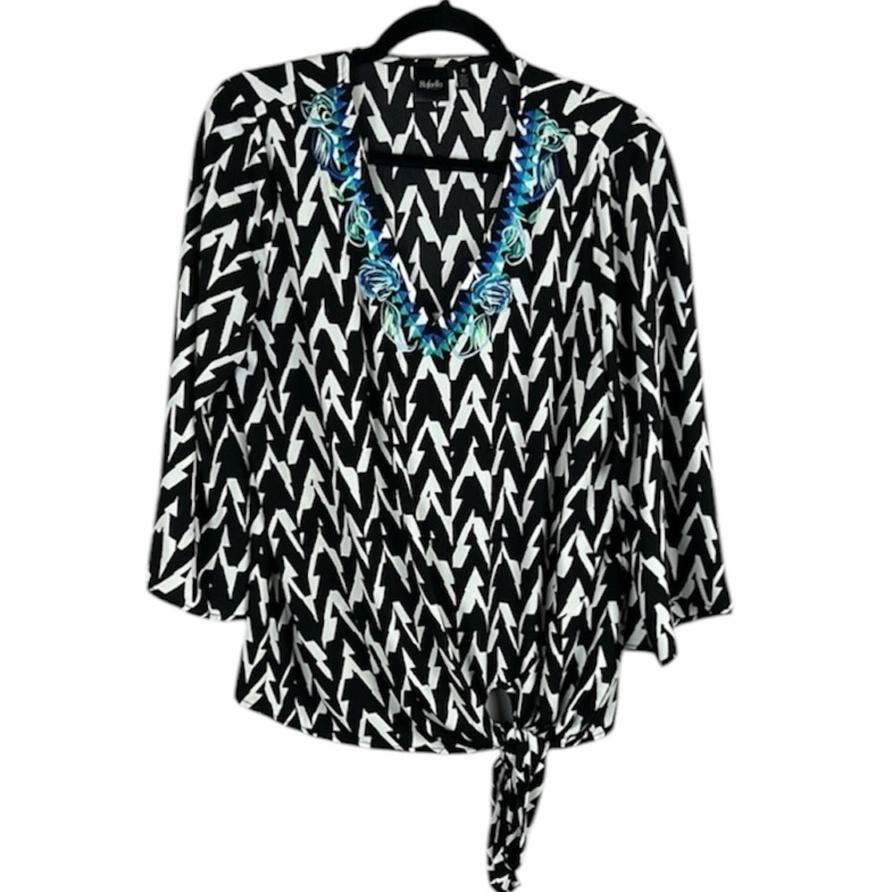 Rafaella Geometric Embellished Tie Knot Long Sleeve Blouse Medium Black White